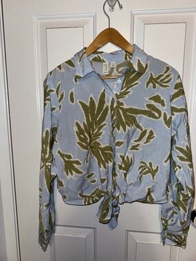 Joie Sky Blue Blouse with Olive Leaf Print and Front Tie medium